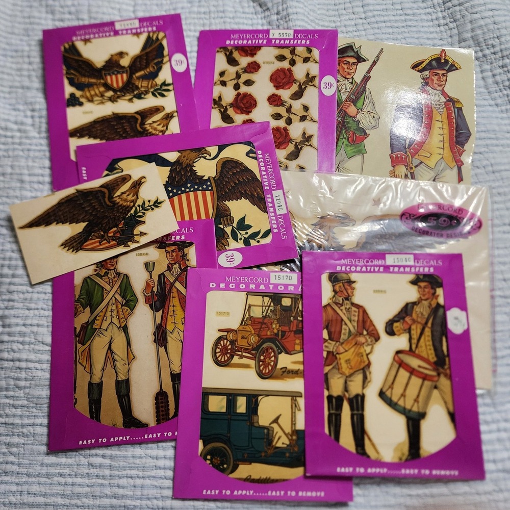 Vintage Meyercord Decals Lot Americana Eagle Revolutionary War Soldiers Ford Car